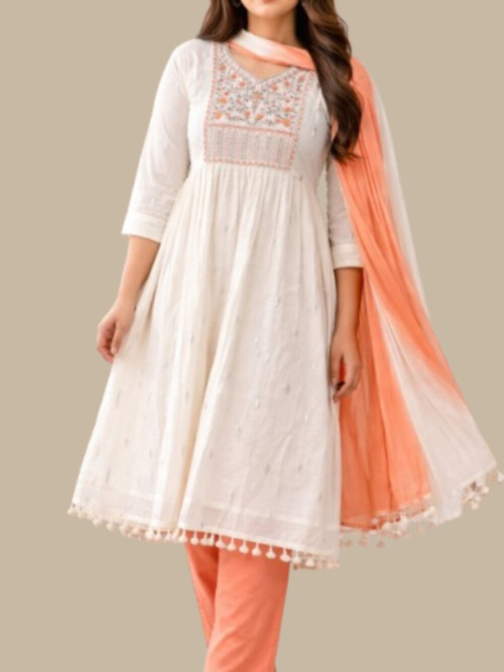 White Salmon Orange Salwar set floral boho yoke summer festival embroidery ombre